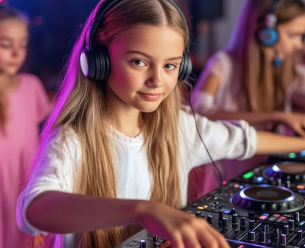 Meisje dat draait achter een DJ-controller, met roze-paarse verlichting